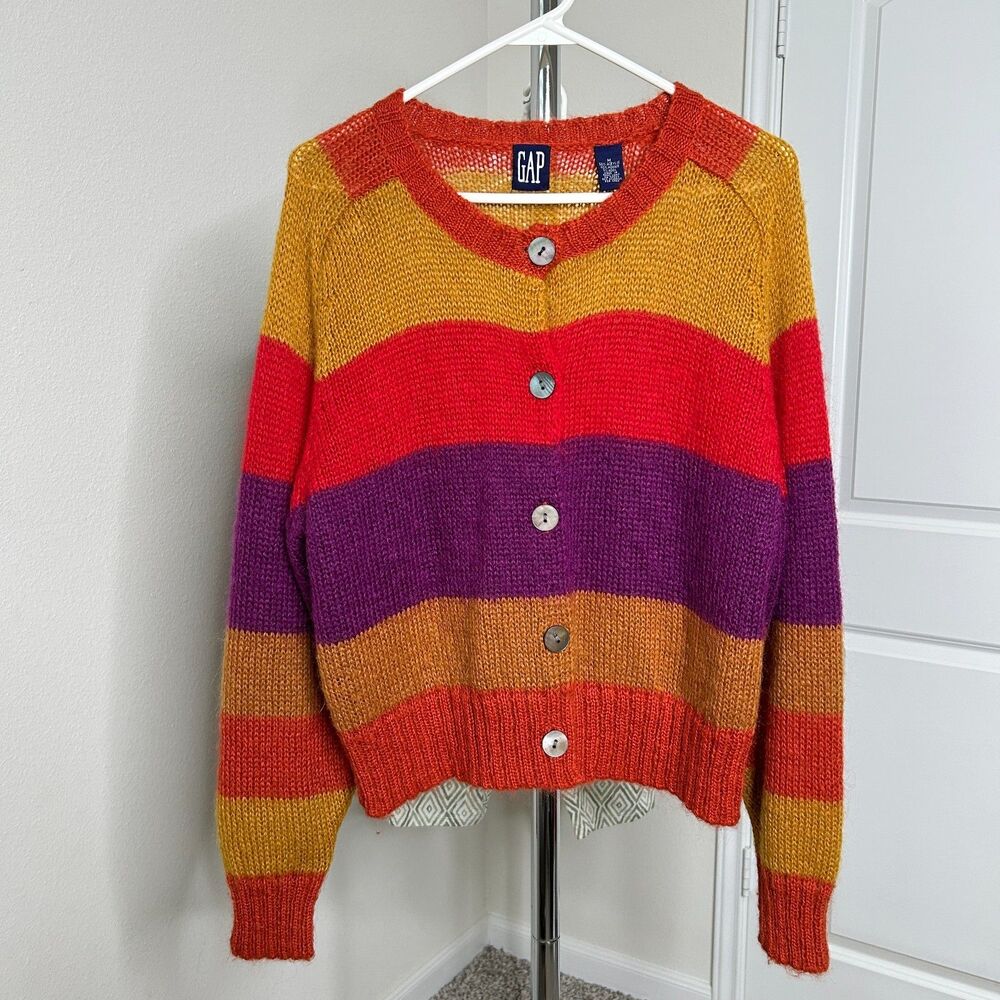 VTG Gap Mohair Wool Blend Rainbow Striped Cardigan Sweater Medium Y2K Kidcore